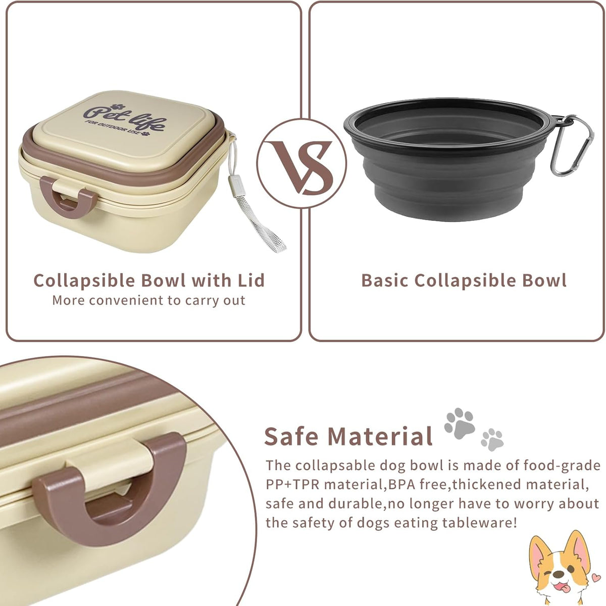 2-in-1 Collapsible Travel Bowl for Food and Water, with Lid