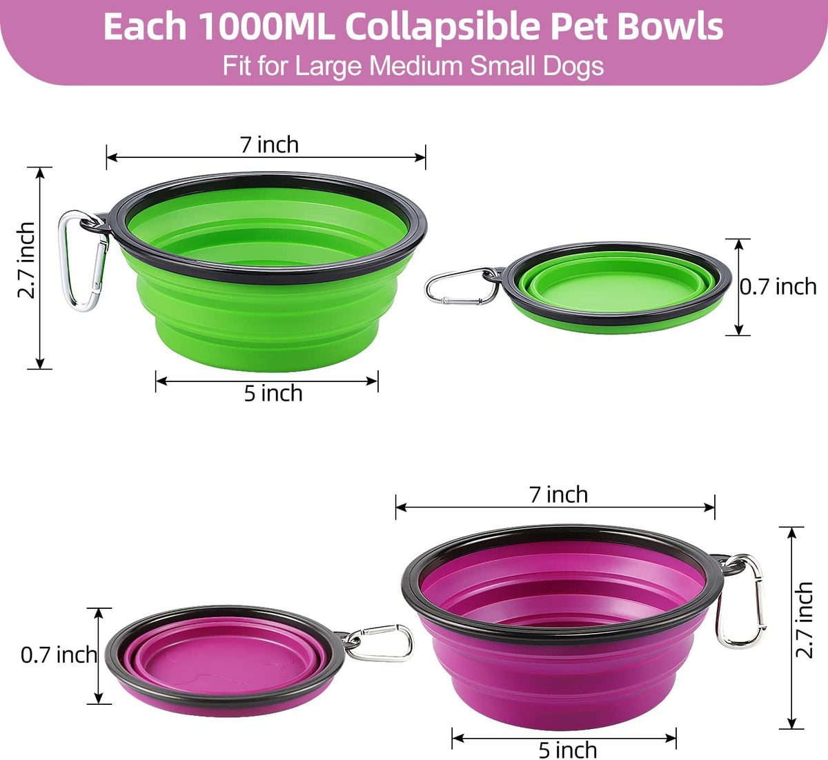 Large Collapsible Travel Bowls (2-Pack, 34 oz) with Clips