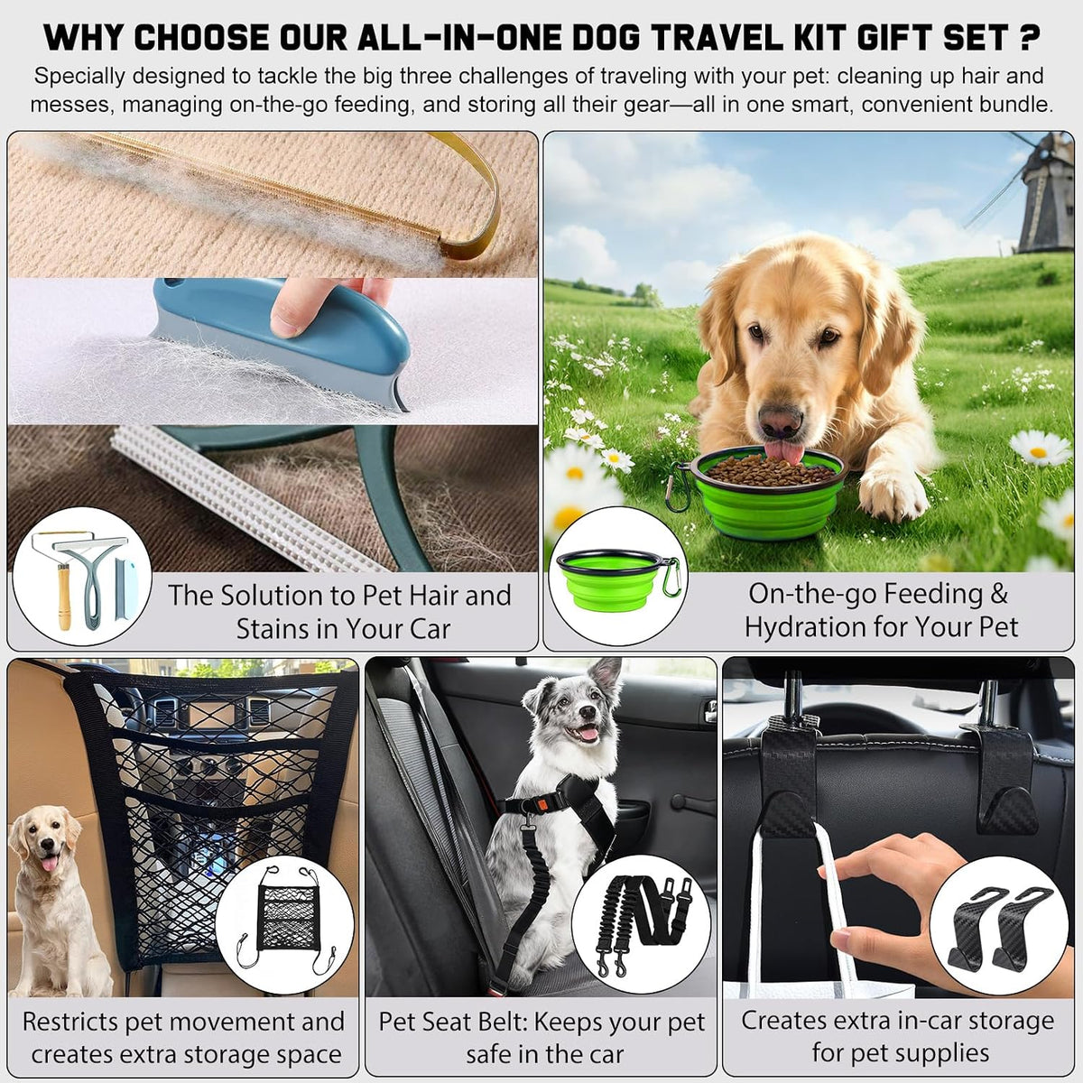 Dog Car Travel Kit - 9-in-1 Set with Seat Belts, Barrier Net, Bowl and Hair Removers