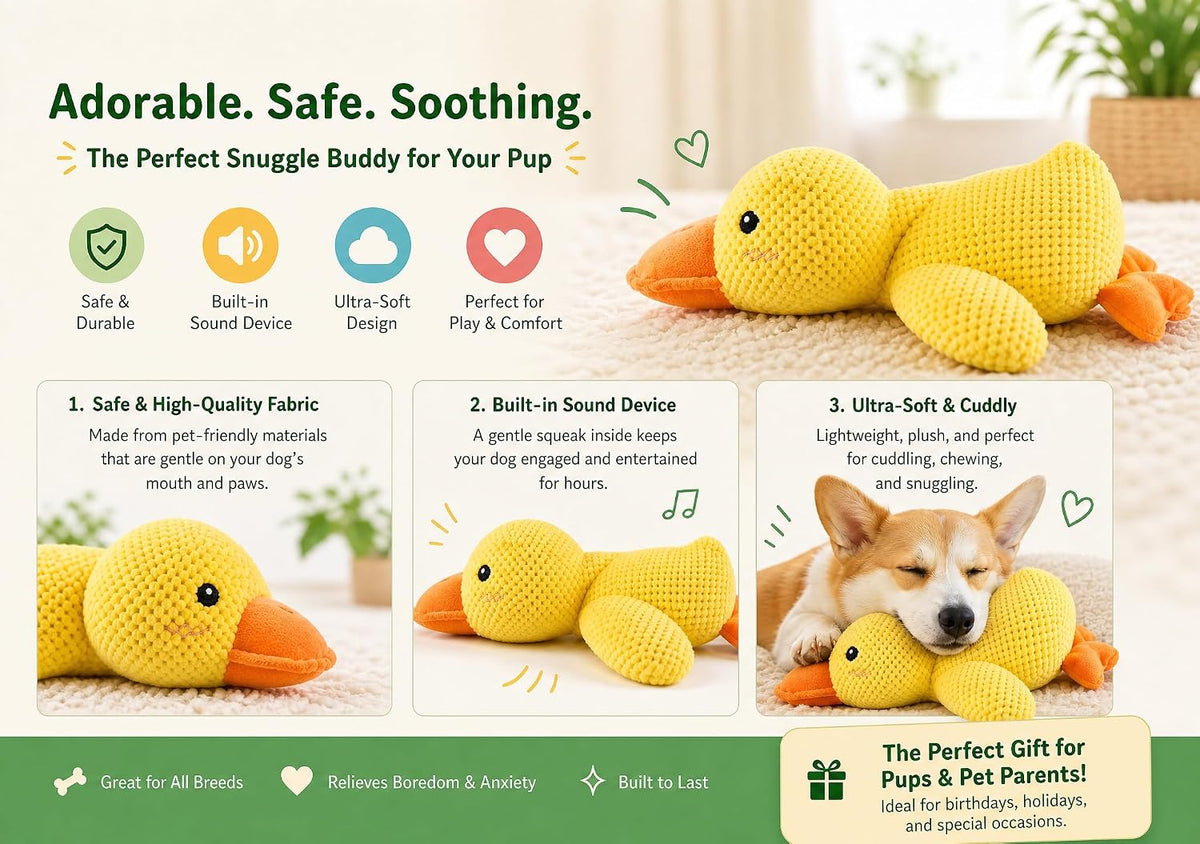 Paw-Fect Piece Plush Calming Duck Dog Toy, with Quacking Sound, Emotional Support Soft Chew Toy, Great for All Breed of Dogs