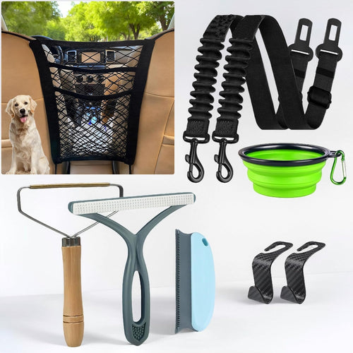 Dog Car Travel Kit - 9-in-1 Set with Seat Belts, Barrier Net, Bowl and Hair Removers