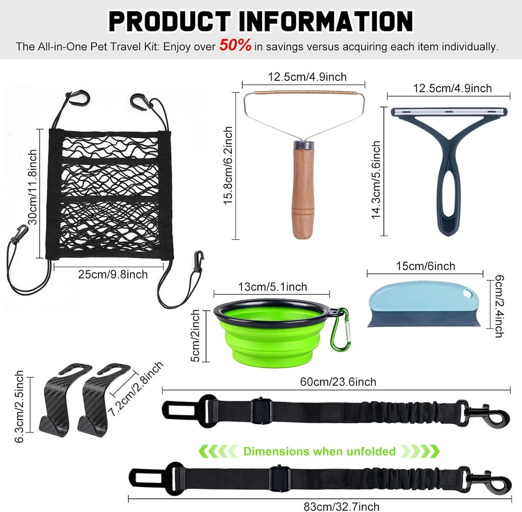Dog Car Travel Kit - 9-in-1 Set with Seat Belts, Barrier Net, Bowl and Hair Removers