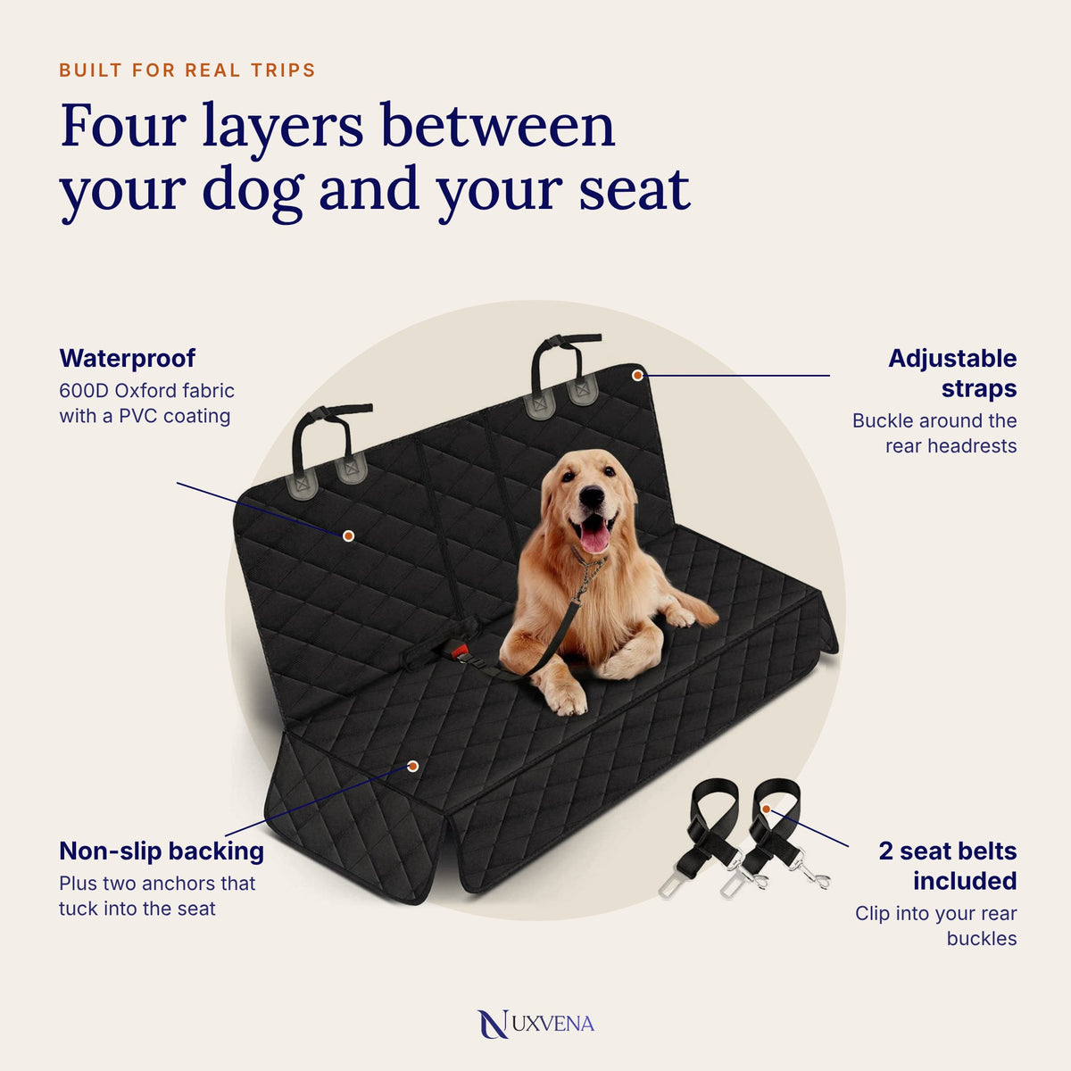 Quilted Dog Car Seat Cover - Waterproof Back Seat Protector
